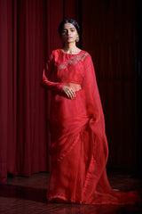 BERRY SILK ORGANZA CORA SAREE SET