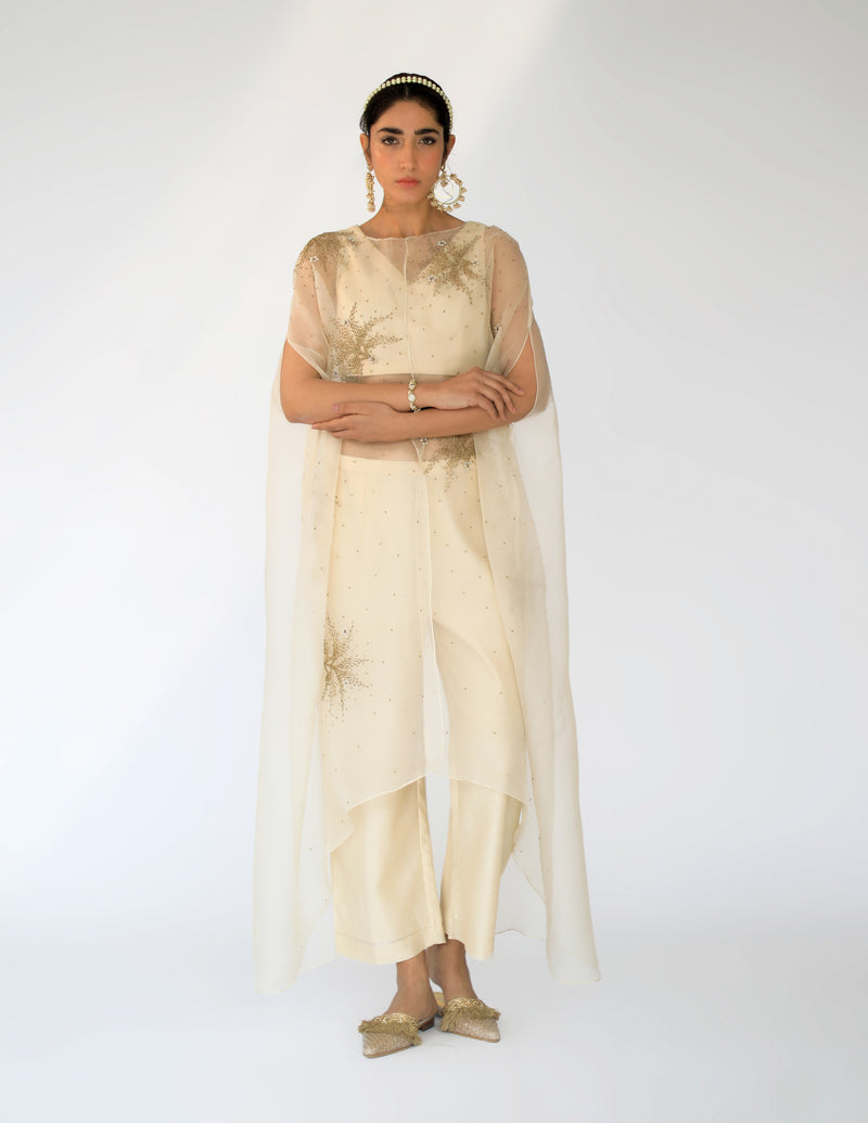 Beige Silk Organza Zoe Cape Set