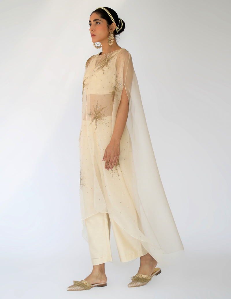 Beige Silk Organza Zoe Cape Set