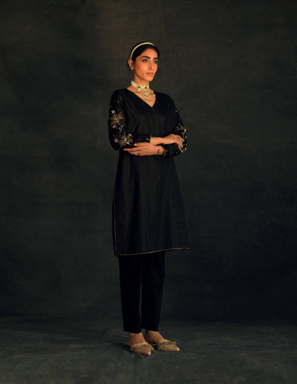 Black Meha Silk Kurta Set